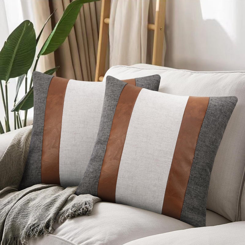 Merrycolor Faux Leather and Linen Throw Pillow Covers 18x18 Inch Patchwork Modern Farmhouse Pillow Covers Gray and Brown Accent Pillows Decorative Pillows for Couch Sofa Bed  Set of 2 - Image 1