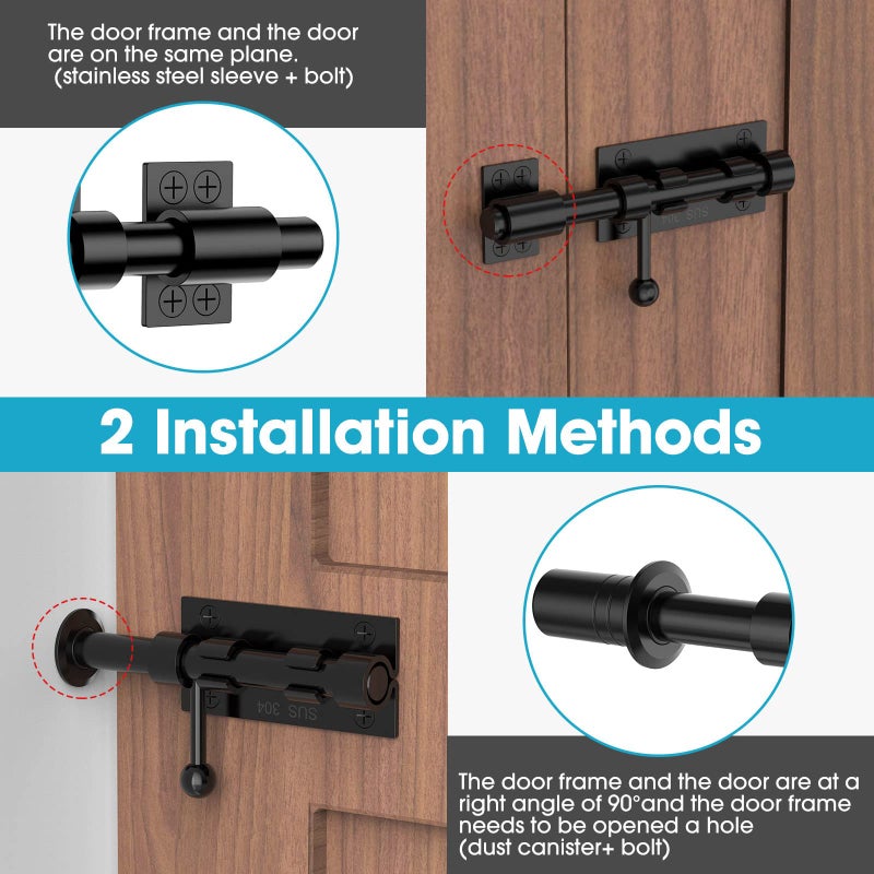 MeBantoo Slide Bolt Gate Latch Hardware, Barrel Bolt Latch, 6.3 Inch Heavy Duty Solid 304 Stainless Steel Black Finish Lock for Wooden Fence/Shed/Yard/Barn Door/Interior and Outdoor (Black) - Image 5