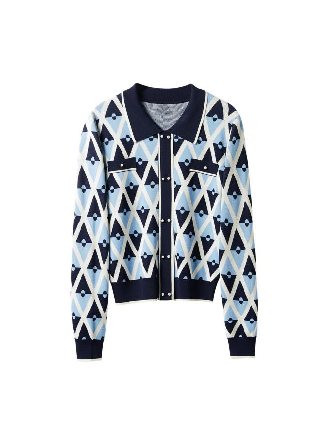 Yanyee Blue Lapel T Knit Cardigan Women's Early Spring Elegant Top Jacket Blue 1 S/36 - Image 3