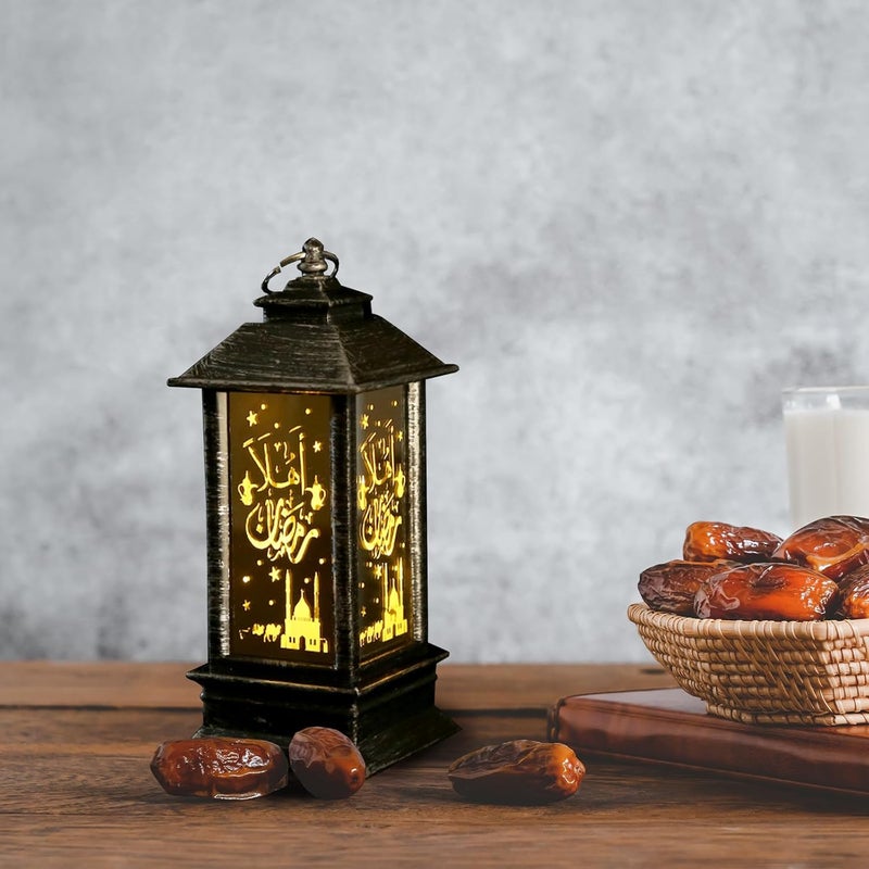 Glodecart 2 قطعة فوانيس رمضان، سوداء، إضاءة LED، غير مقاومة للماء، مقاس 5×2×3 بوصة، للطاولة، تعمل بالبطارية، فوانيس كهربائية زخرفية، ديكور طاولة المنزل، هدايا رمضان. - Image 4