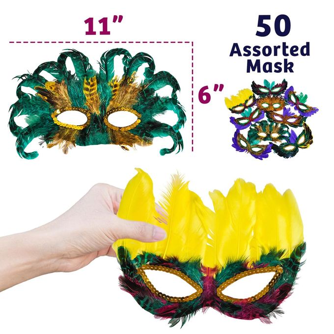 Bedwina Bulk Mardi Gras Masks (pack Of 50) Carnival Masquerade Mask For Women And Men And Kids Party Mask Costume For Party Decorations, Feather Mardi Gras Decorations Supplies & Mardi Gras Party Favors - Image 2