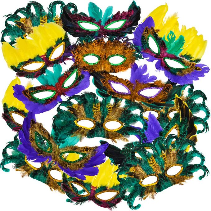 Bedwina Bulk Mardi Gras Masks (pack Of 50) Carnival Masquerade Mask For Women And Men And Kids Party Mask Costume For Party Decorations, Feather Mardi Gras Decorations Supplies & Mardi Gras Party Favors - Image 1