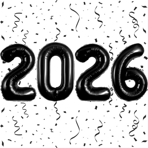 PRELITER بالونات سوداء 2026 بالونات رأس السنة الجديدة 2026 أرقام بالونات لزينة رأس السنة الجديدة 2026 لافتات تخرج ذكرى بالونات ديكور - Image 1