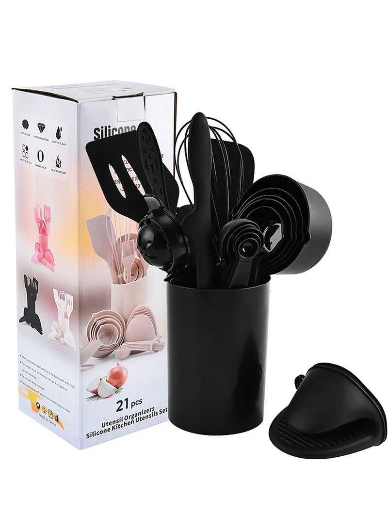 21-Piece Silicone Kitchen Utensil Set – Heat Resistant Non-Stick Cooking Tools with Whisk, Spatulas, Scraper, Tongs, Measuring Cups & Spoons – Food Grade Silicone – for Cooking & Baking-Black 