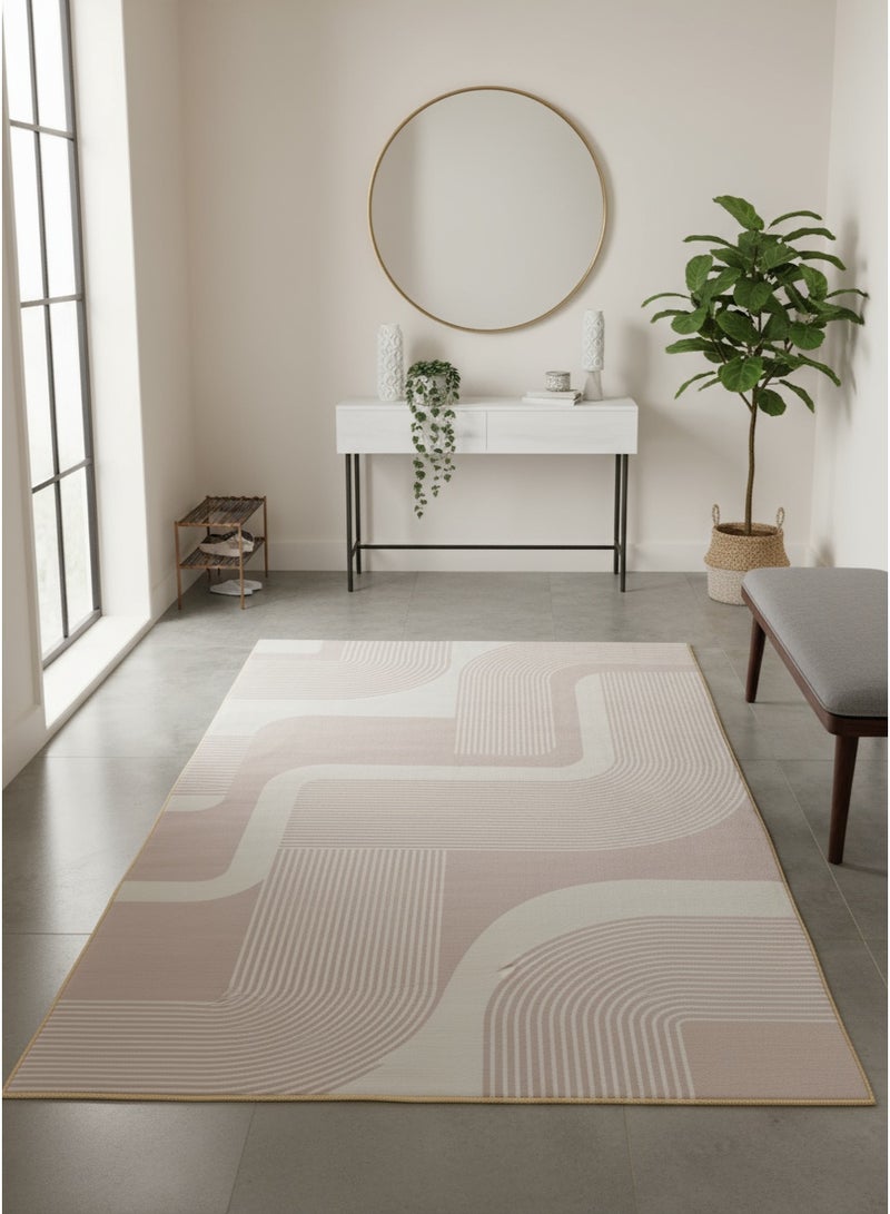 Noon East Carpet Rug with Anti- Slip backing | Abstract Geometric Design  - Beige | Size - 160x230 cm - 5x7.5 ft | For Medium Sized Family room, Bedroom with queen beds, 4-6 seater Dinning area, Entry hallways & Foyers - Image 1
