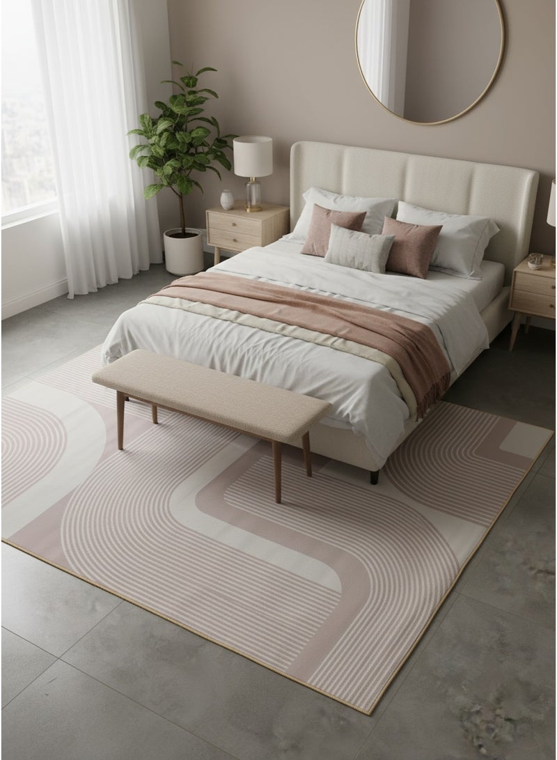 Noon East Carpet Rug with Anti- Slip backing | Abstract Geometric Design  - Beige | Size - 160x230 cm - 5x7.5 ft | For Medium Sized Family room, Bedroom with queen beds, 4-6 seater Dinning area, Entry hallways & Foyers - Image 3