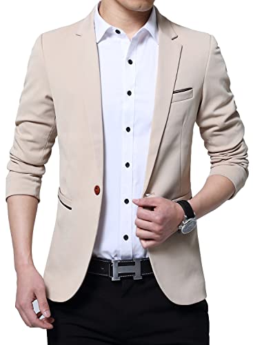 DAVID.ANN Men's Slim Fit Suits Casual One Button Flap Pockets Solid Blazer Jacket,Beige,Large - Image 4