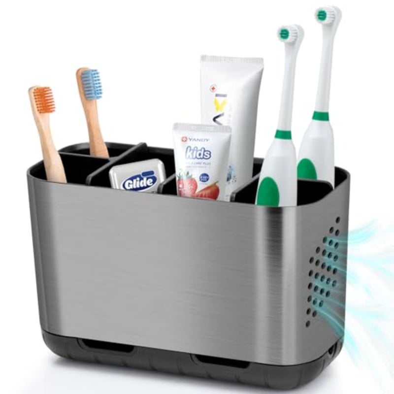 Toothbrush and Toothpaste Holder Brushed Nickel Drainage for Bathroom Vanity, Large Electric Toothbrush Storage Caddy Anti-Slip Rustic with Adjustable Dividers for Family, - Image 1