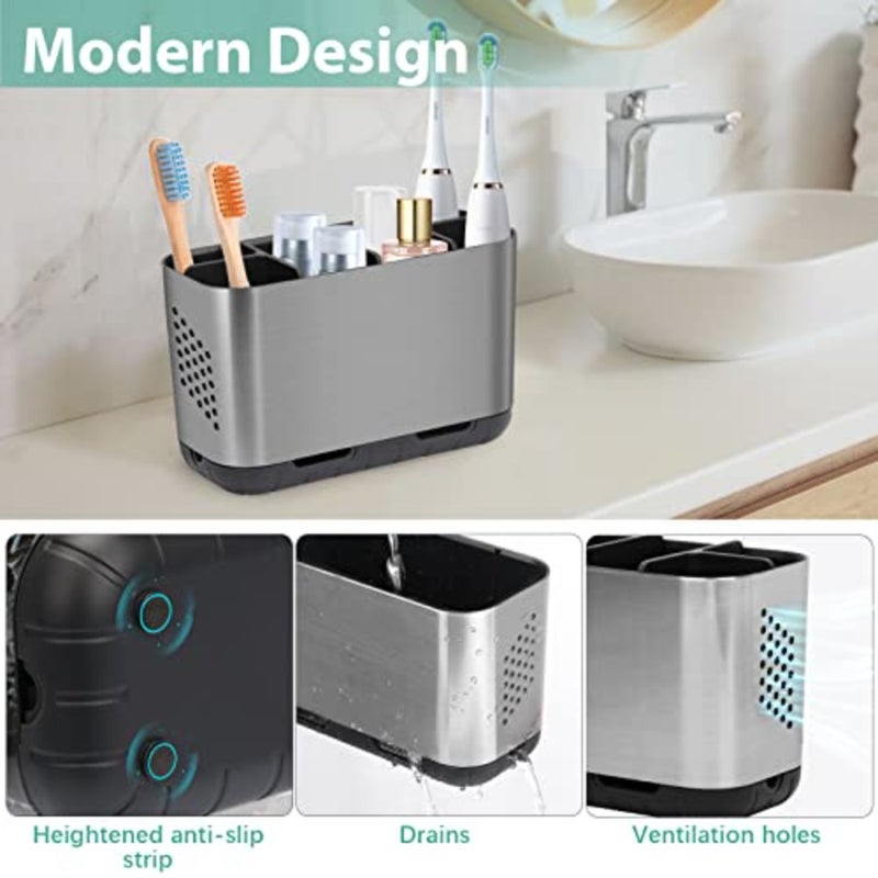 Toothbrush and Toothpaste Holder Brushed Nickel Drainage for Bathroom Vanity, Large Electric Toothbrush Storage Caddy Anti-Slip Rustic with Adjustable Dividers for Family, - Image 2