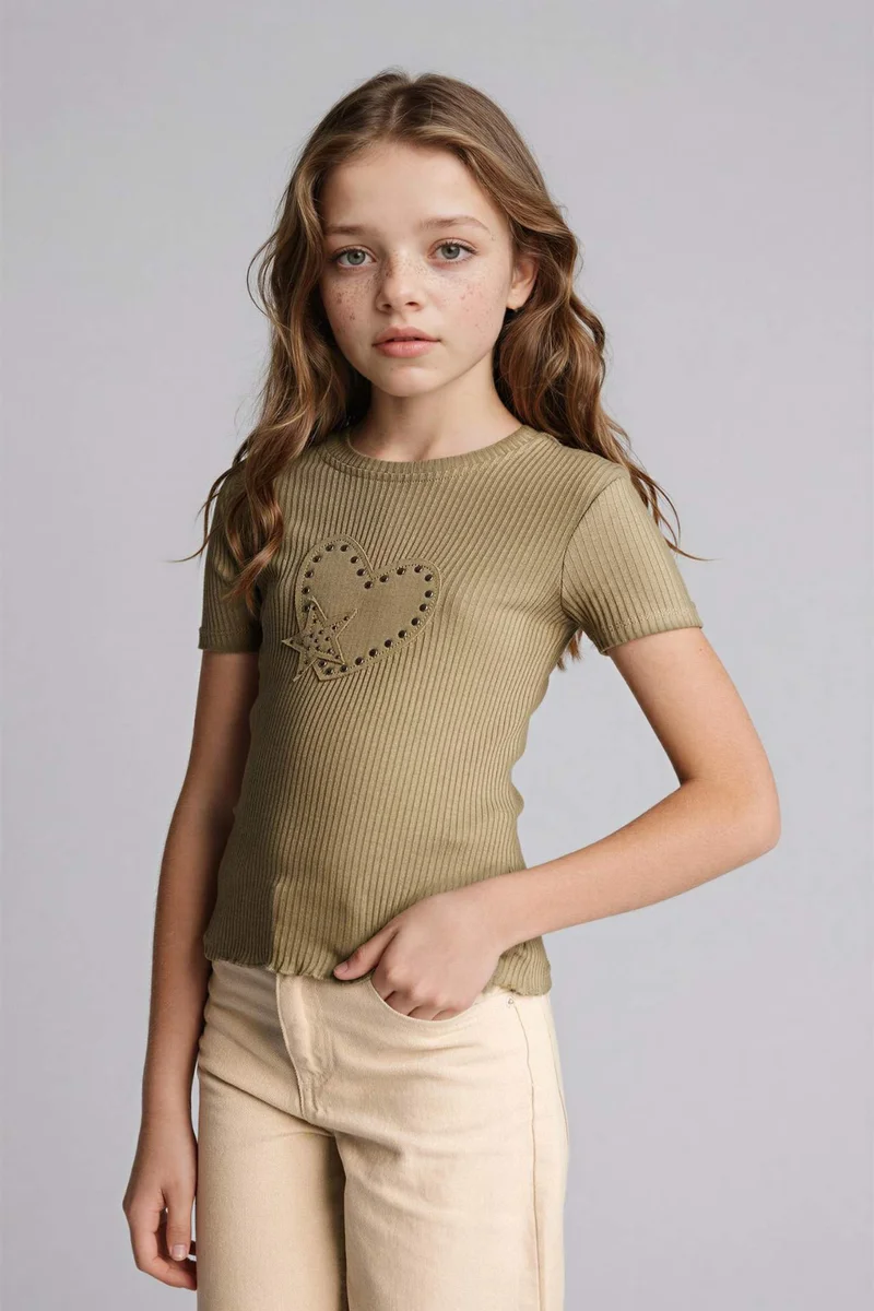 ديفاكتو Girl Ribbed T-Shirt with Stud Detail