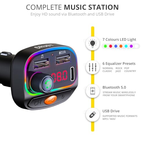 CRUST CS30 Car Bluetooth Device [Upgraded BT v5.3] with Call Receiver, FM Transmitter for Music System & Dual USB + Type C Charger; 7 Colour LED Lights; 6 EQ Presets; USB MP3 Support; Voice Assistant - Image 3