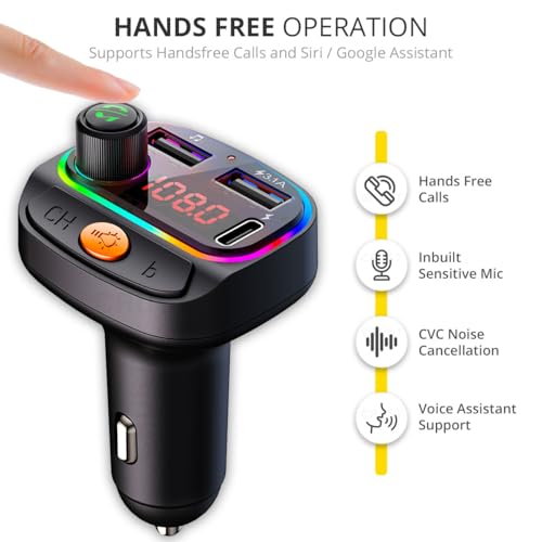 CRUST CS30 Car Bluetooth Device [Upgraded BT v5.3] with Call Receiver, FM Transmitter for Music System & Dual USB + Type C Charger; 7 Colour LED Lights; 6 EQ Presets; USB MP3 Support; Voice Assistant - Image 2
