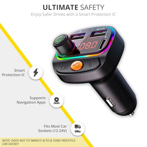 CRUST CS30 Car Bluetooth Device [Upgraded BT v5.3] with Call Receiver, FM Transmitter for Music System & Dual USB + Type C Charger; 7 Colour LED Lights; 6 EQ Presets; USB MP3 Support; Voice Assistant - Image 5