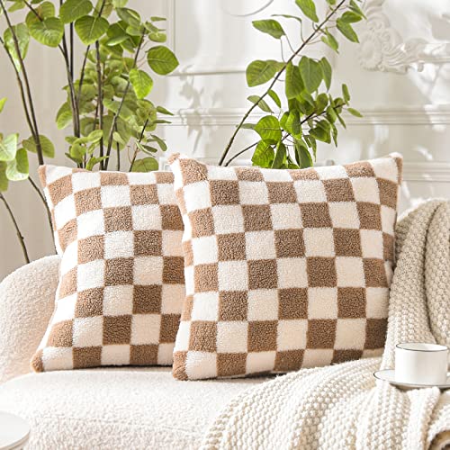 WACOMECO Decorative Throw Pillow Covers  Soft Sherpa Checkerboard Cushion Covers Faux Fur Pillow Cases for Sofa Bedroom Livingroom Car 18 x 18 in Khaki and Off White