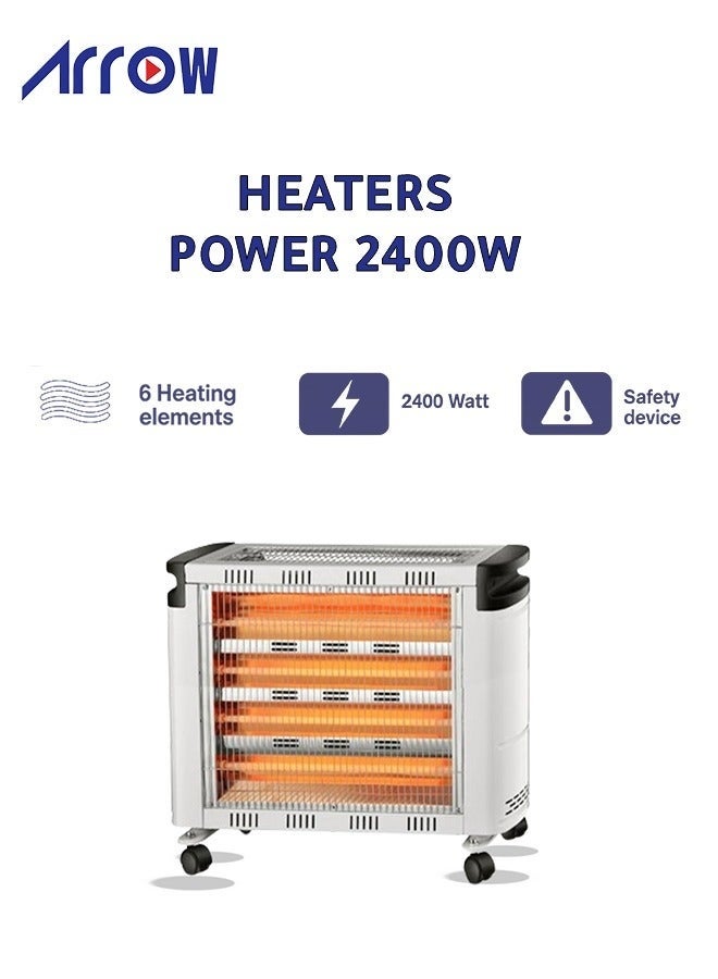 Arrow Quartz Heater with 4 Tubes | 2400W Power, Dual Sided Heating (Top & Front) | 6 Heating Settings | High Efficiency & Energy Saving Room Heater | Tip-Over Protection | Portable with Handle & Castor Wheels | Large-Scale Heating | Adjustable Thermostat & Rotary Control - Image 1