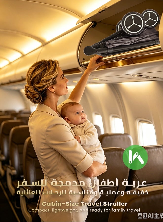 أوميني عربة أطفال للسفر بالطائرة، خفيفة بوزن 5.5 كجم، قابلة للطي بحجم 55×32×26 سم، تقف مستقلة بعد الطي، مسند ظهر حتى 175°، حزام أمان خماسي النقاط - Image 2