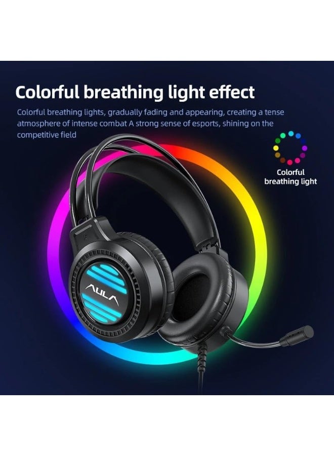 Aula S606 Gaming Headset USB 7.1 Surround Sound -RGB Colorful Lighting Effect – Skin friendly and Breathable – Flixable Noise Reduction Mic – 50mm Drivers – For PC & PS4 (Black) - Image 2