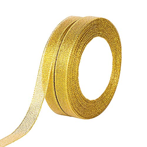 Molshine 50yard2rolls Golden Organza Ribbons Shimmer Sheer Thin Glitter Ribbon for DIYCraftsGift WrappingChristmas Decorative Width 13mm12inch - Image 2