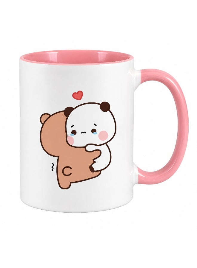 Bickerbond Cute Bubu & Dudu Hug Coffee Mug - Two-Tone Ceramic Cup with Pink Handle & Inner - 11oz Kawaii Cartoon Tea Mug for Gifts, Valentine’s Day, & Kids - White/Pink - Image 1