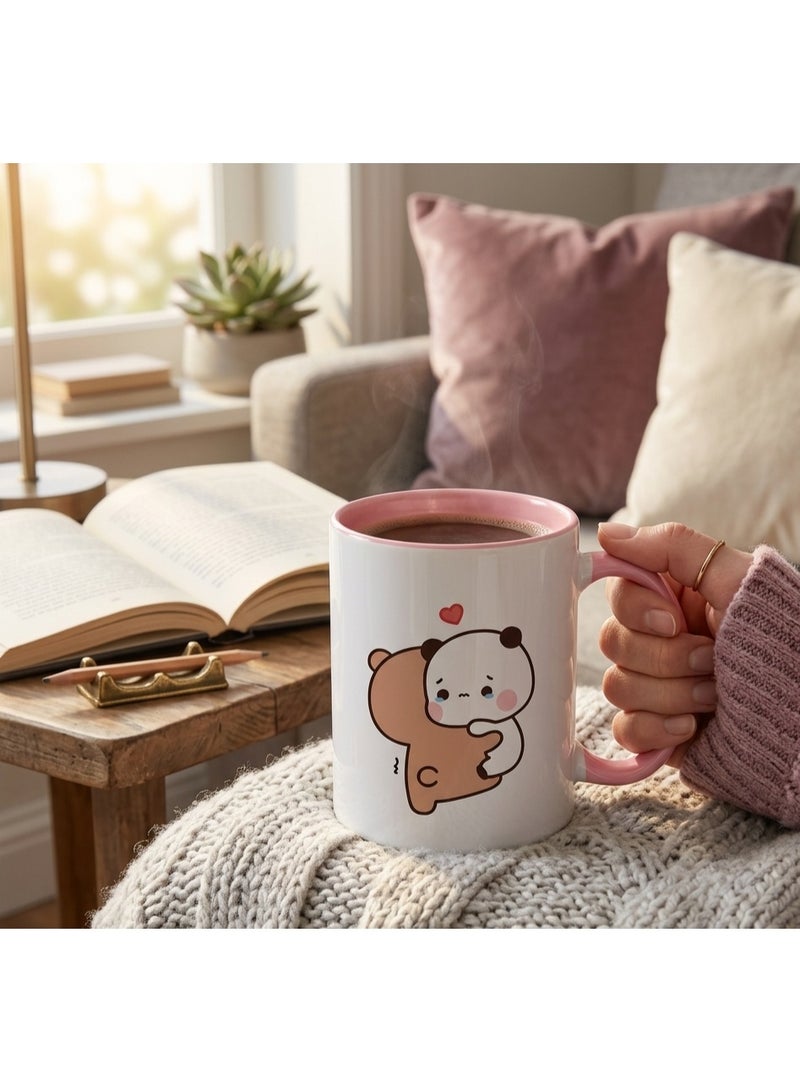 Bickerbond Cute Bubu & Dudu Hug Coffee Mug - Two-Tone Ceramic Cup with Pink Handle & Inner - 11oz Kawaii Cartoon Tea Mug for Gifts, Valentine’s Day, & Kids - White/Pink - Image 2