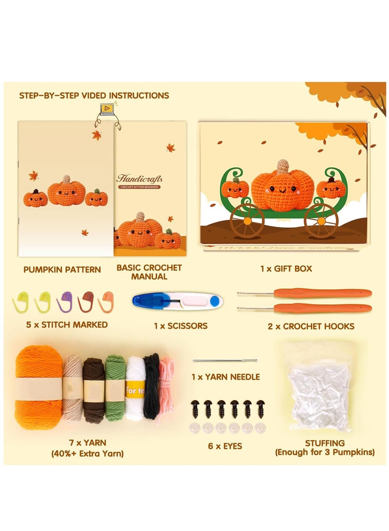 Hihonor Crochet Kit for Beginners, Crochet Starter Kit with Step-by-Step Video Tutorials, Crochet Animal Kits for Adults and Kids, DIY Craft Supplies, 3 Pack Pumpkins Family (40%+ Yarn) - Image 3