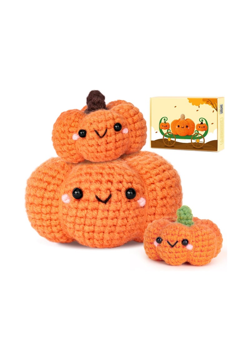 Hihonor Crochet Kit for Beginners, Crochet Starter Kit with Step-by-Step Video Tutorials, Crochet Animal Kits for Adults and Kids, DIY Craft Supplies, 3 Pack Pumpkins Family (40%+ Yarn) - Image 1