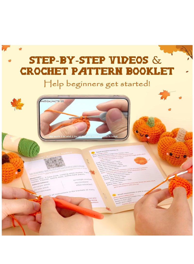 Hihonor Crochet Kit for Beginners, Crochet Starter Kit with Step-by-Step Video Tutorials, Crochet Animal Kits for Adults and Kids, DIY Craft Supplies, 3 Pack Pumpkins Family (40%+ Yarn) - Image 2