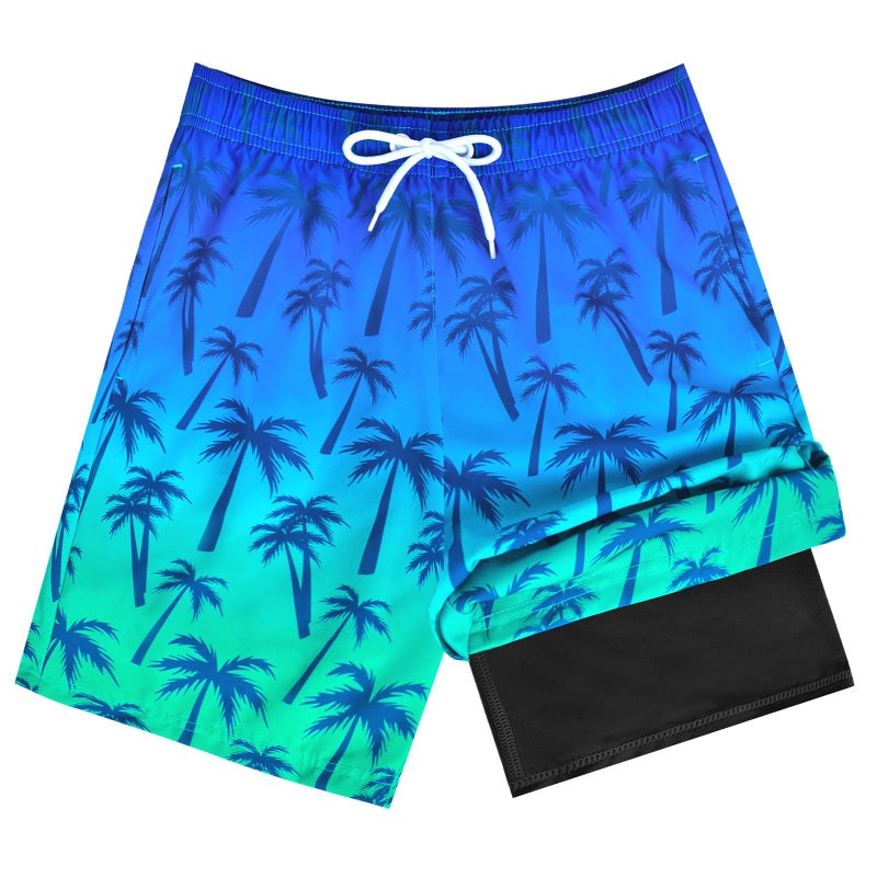 OlyPegic Boys Swim Trunks Size 10-12, Boy Swim Shorts Boy Bathing Suit Swimsuit Kids Swimwear Board Shorts with Boxer Brief Liner Compression Toddler Beach Running Swim Trunks (Coconut Tree) - Image 1