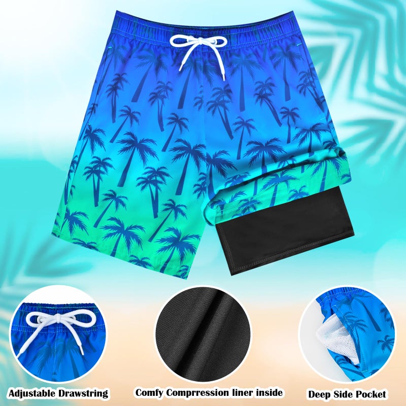 OlyPegic Boys Swim Trunks Size 10-12, Boy Swim Shorts Boy Bathing Suit Swimsuit Kids Swimwear Board Shorts with Boxer Brief Liner Compression Toddler Beach Running Swim Trunks (Coconut Tree) - Image 5