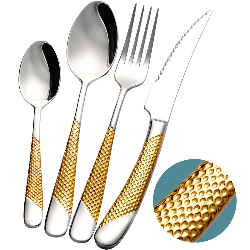 Xideman 16 Piece Hammered Silver Gold Silverware Set Modern Golden 1810 Stainless Steel Flatware Set Kitchen Utensil Set Service for 4 Tableware Cutlery Set Knives Forks Spoons Set