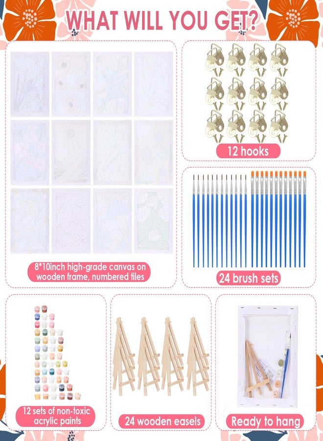 RoundFunny 12 Set Paint by Numbers Kit for Adults Simple Flowers Painting 8x10 Inch with Wooden Frame Easel Acrylic Paints Brushes Watercolor Oil Paint by Number Gifts for Home Wall Decor - Image 2