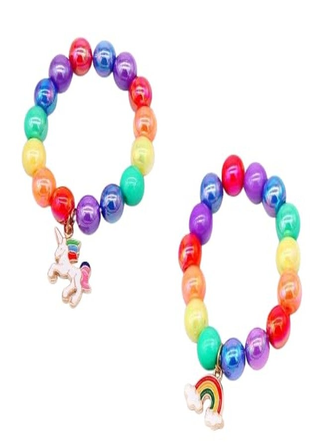 El Regalo 2PCs Girls Kids Rainbow Beads Charms Bracelets Set- Heart, Unicorn, Mermaid, Rainbow, Star charms for Baby Toddler Girls Kids (Rainbow & Unicorn) - Image 1