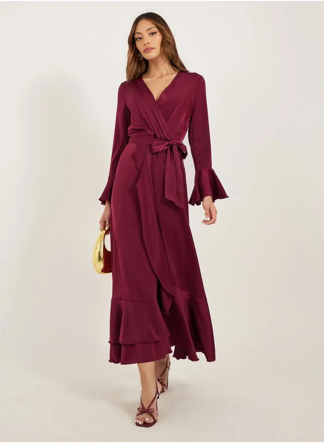 Styli Satin Tie-Up Waist V-Neck A-Line Maxi Dress