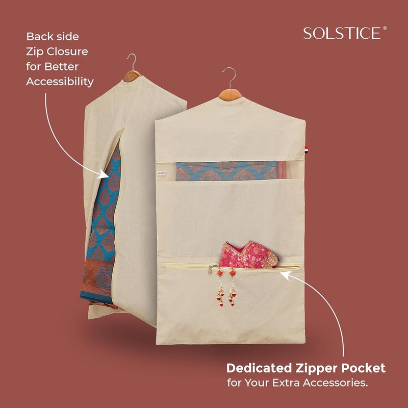 SOLSTICE Hanging Cotton Saree CoversBags Of 30 X 18 Inches For Clothes Storage Wardrobe Organizer Hangers Are Not Included Double Pocket Pack 4Off White - Image 3