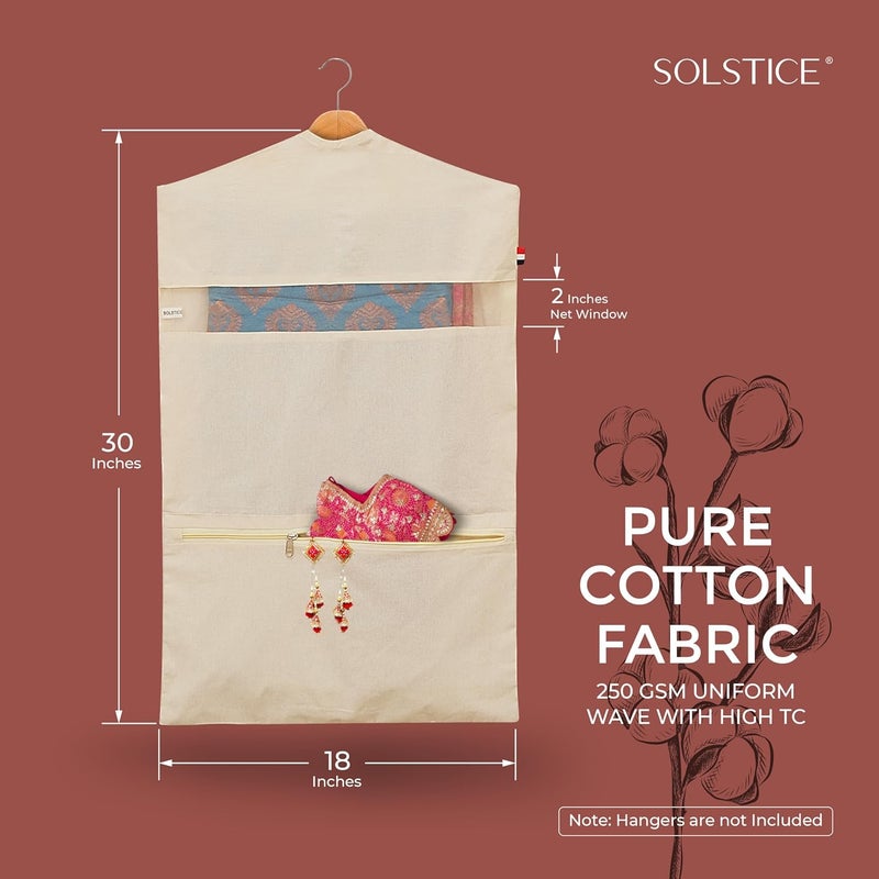 SOLSTICE Hanging Cotton Saree CoversBags Of 30 X 18 Inches For Clothes Storage Wardrobe Organizer Hangers Are Not Included Double Pocket Pack 4Off White - Image 2