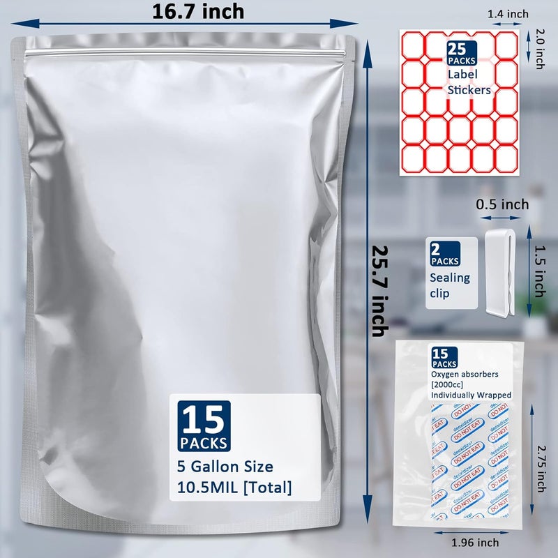 Sukerle 15 حزمة من أكياس المايلار سعة 5 غالون مع ممتصات الأكسجين - أكياس المايلار بسُمك 10.5 ميل لتخزين الطعام مع 15 ممتص أكسجين مُغلق فردي سعة 2000 سم³ وملصقات ومشابك - لتخزين الطعام طويل الأمد - Image 2