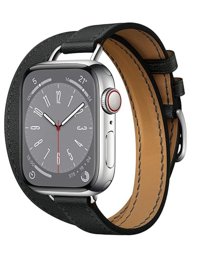 حزام جلد طبيعي مزدوج الحلقة لسلسلة IWatch 8/7/6/SE/Ultra/5/4/3/2/1، حزام ساعة Apple 38 مم 40 مم 41 مم حزام نسائي رجالي بخصر نحيف، سوار معصم من الجلد - Image 2