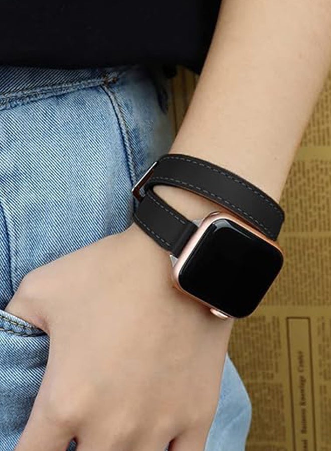 حزام جلد طبيعي مزدوج الحلقة لسلسلة IWatch 8/7/6/SE/Ultra/5/4/3/2/1، حزام ساعة Apple 38 مم 40 مم 41 مم حزام نسائي رجالي بخصر نحيف، سوار معصم من الجلد - Image 3