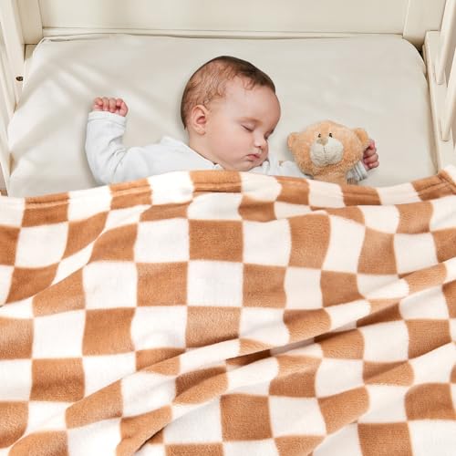 Yurhap Checkered Baby Blanket Fleece Baby Blankets Neutral for Boys Girls, Super Soft Warm Lightweight Infant Toddler Newborn Receiving Blankets for Crib Stroller, 30''x40'', Khaki - Image 3