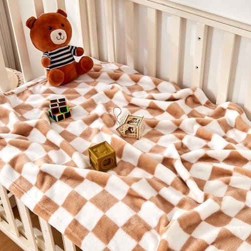 Yurhap Checkered Baby Blanket Fleece Baby Blankets Neutral for Boys Girls, Super Soft Warm Lightweight Infant Toddler Newborn Receiving Blankets for Crib Stroller, 30''x40'', Khaki - Image 2