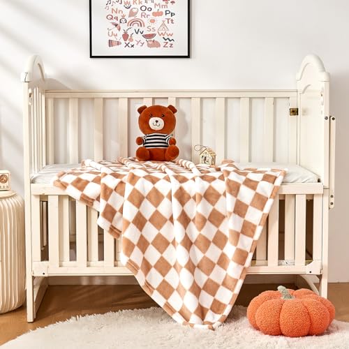 Yurhap Checkered Baby Blanket Fleece Baby Blankets Neutral for Boys Girls, Super Soft Warm Lightweight Infant Toddler Newborn Receiving Blankets for Crib Stroller, 30''x40'', Khaki - Image 4