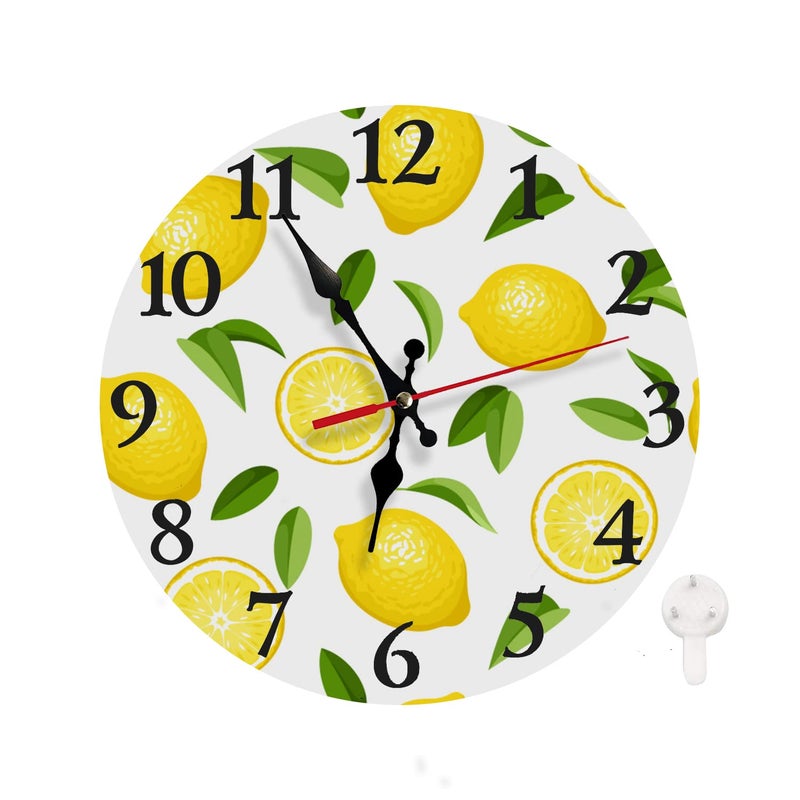 LOKMU Silent Non Ticking Clock 10 InchRound Wall ClockDecorative for Living Room Kitchen HomeBathroom Bedroom Office or School Yellow Lemons Pattern in Cartoon Style