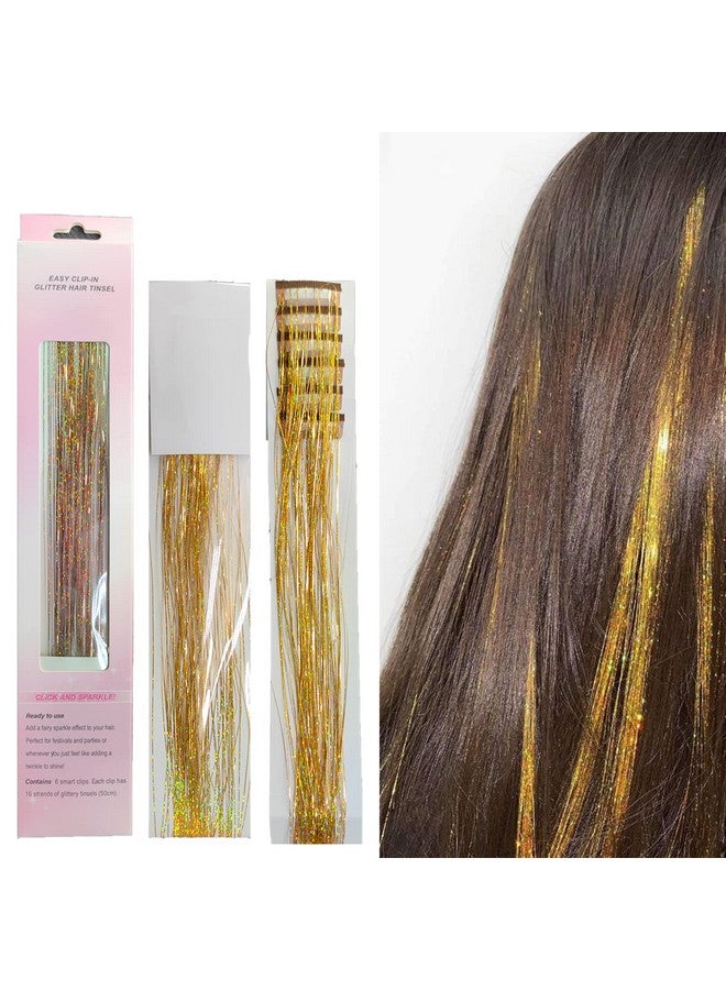 La Bella 47" خيوط شعر هولوجرافية لامعة ذهبية احترافية مقاومة للحرارة حرير إكستنشن سهل التطبيق لملحقات الشعر لحفلات الفتيات هدايا شعر للفتيات (طقم خيوط شعر قابلة للتثبيت لامعة ذهبية) - Image 1