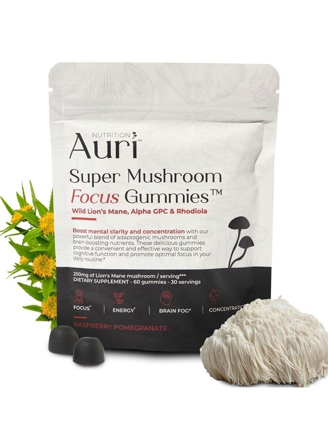 Auri Super Mushroom Focus Gummies - w/Lion's Mane, Alpha GPC & Rhodiola - Mushrooom Supplement to Support Cognitive Function, Mental Clarity, Focus & Energy | 60 Gummies, Vegan Friendly, Non GMOs - Image 1
