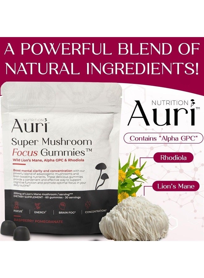 Auri Super Mushroom Focus Gummies - w/Lion's Mane, Alpha GPC & Rhodiola - Mushrooom Supplement to Support Cognitive Function, Mental Clarity, Focus & Energy | 60 Gummies, Vegan Friendly, Non GMOs - Image 5