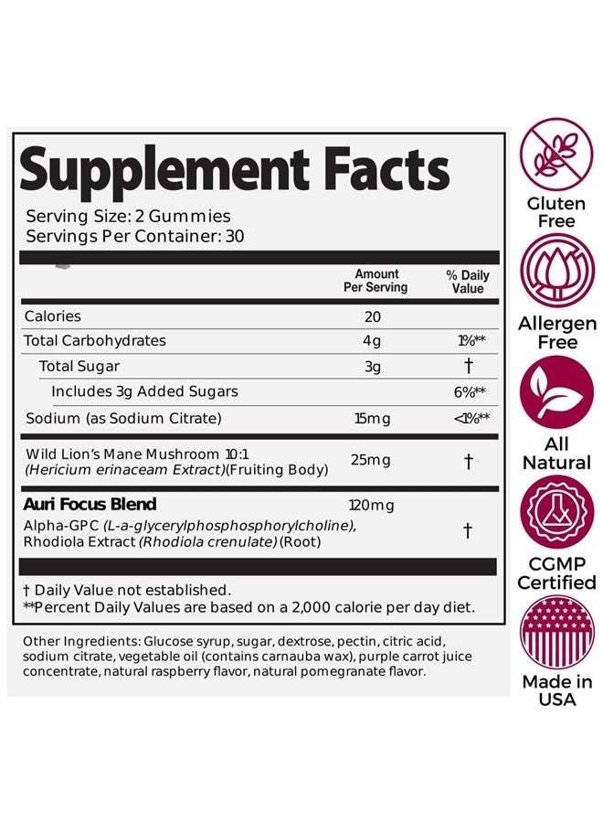 Auri Super Mushroom Focus Gummies - w/Lion's Mane, Alpha GPC & Rhodiola - Mushrooom Supplement to Support Cognitive Function, Mental Clarity, Focus & Energy | 60 Gummies, Vegan Friendly, Non GMOs - Image 4