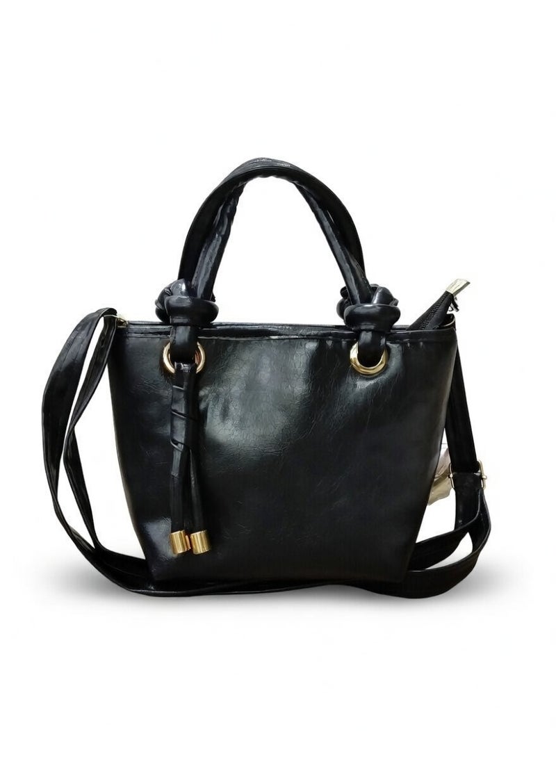 Elegant Knot Handle Shoulder Bag with Tassel & Gold Hardware-Black - Image 1