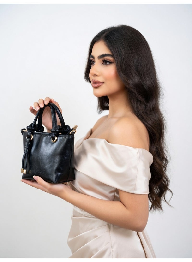 Elegant Knot Handle Shoulder Bag with Tassel & Gold Hardware-Black - Image 5
