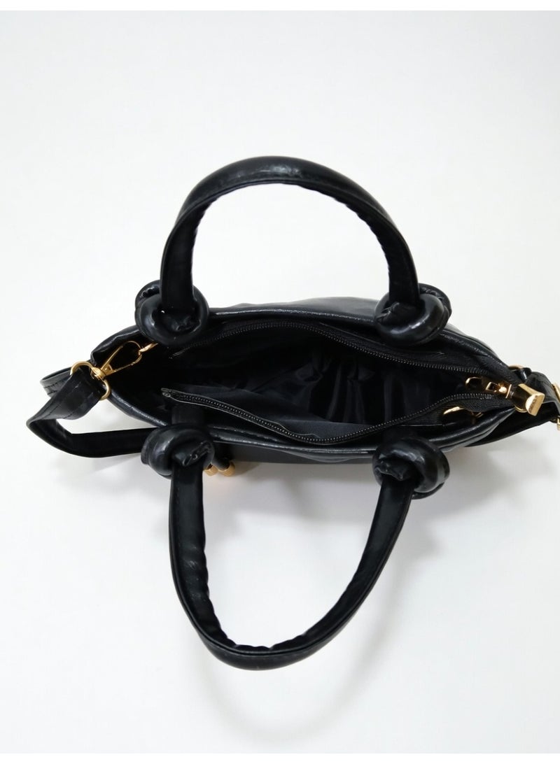 Elegant Knot Handle Shoulder Bag with Tassel & Gold Hardware-Black - Image 3