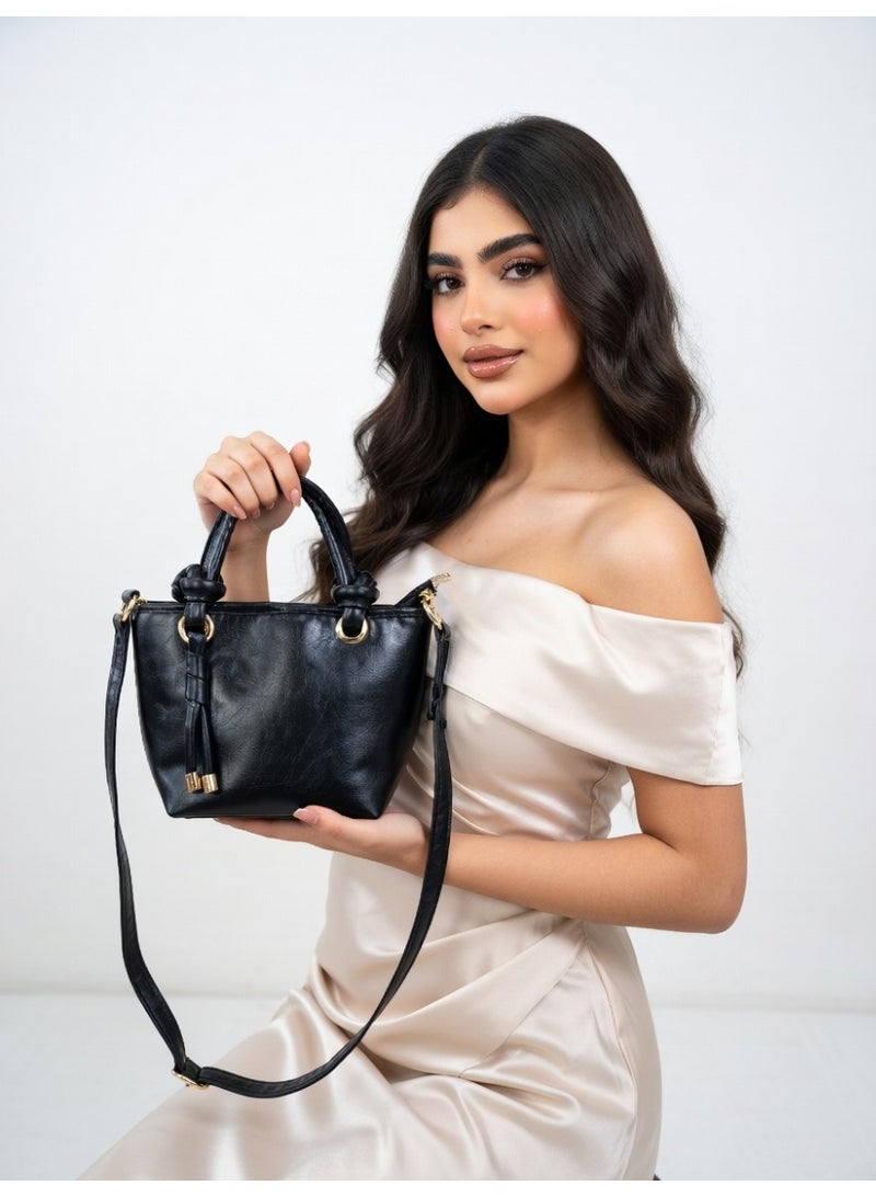 Elegant Knot Handle Shoulder Bag with Tassel & Gold Hardware-Black - Image 4